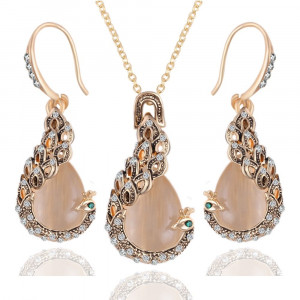 Austrian Crystal Peacocks Necklace Drop Earrings Set