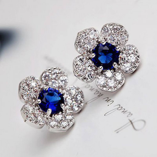 Charming Blue Crystal Flower Leaves Stud Earrings 