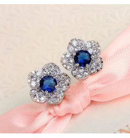 Charming Blue Crystal Flower Leaves Stud Earrings 