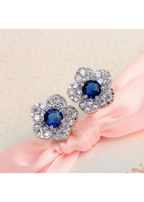 Charming Blue Crystal Flower Leaves Stud Earrings 