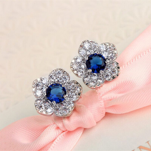 Charming Blue Crystal Flower Leaves Stud Earrings 