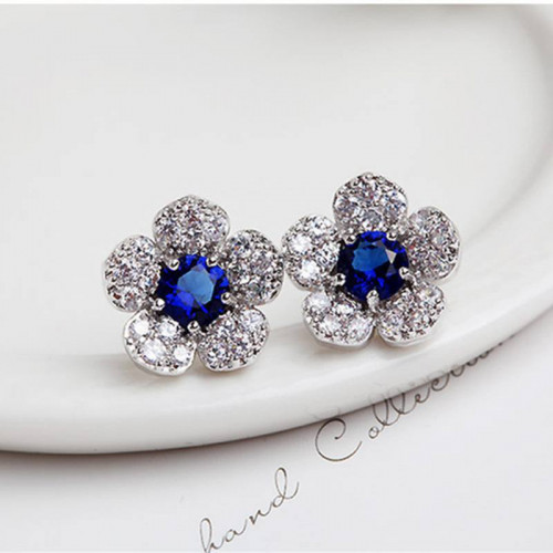 Charming Blue Crystal Flower Leaves Stud Earrings 