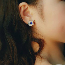 Charming Blue Crystal Flower Leaves Stud Earrings 