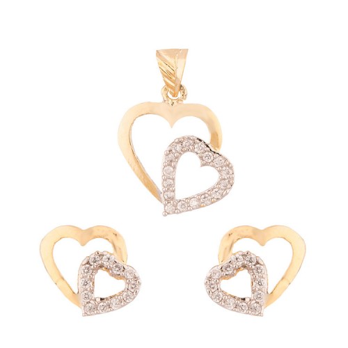 Double Heart Pendant Set With Cz Embellishemnts In Yellow Gold Tone