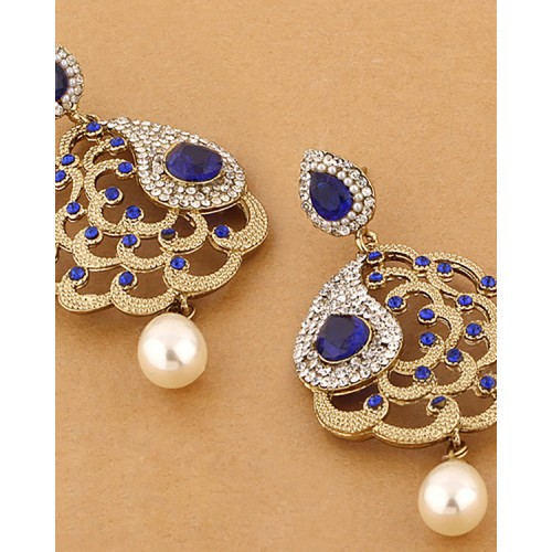 Designer Pearl Drop Earrings Studded With Blue-White Luminous Stones