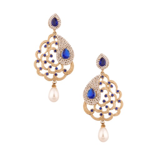 Designer Pearl Drop Earrings Studded With Blue-White Luminous Stones