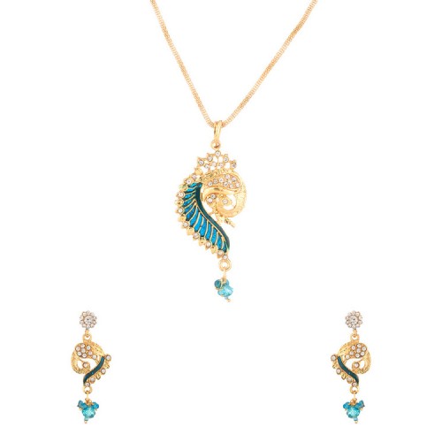 Peacock Inspired Gold Toned Necklace Set Embellished With Cz Stones