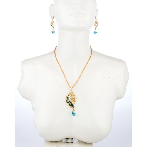 Peacock Inspired Gold Toned Necklace Set Embellished With Cz Stones