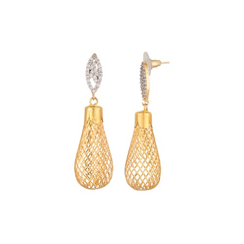 Elongated Spiral Zircon Studded Gold Shine Earrings