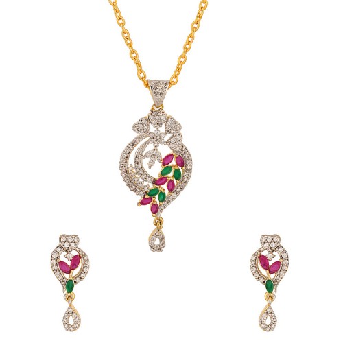 Gold Tone Pendant Set Studded With Cz And Pink-Green Stones