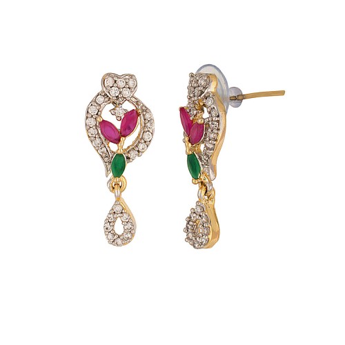 Gold Tone Pendant Set Studded With Cz And Pink-Green Stones